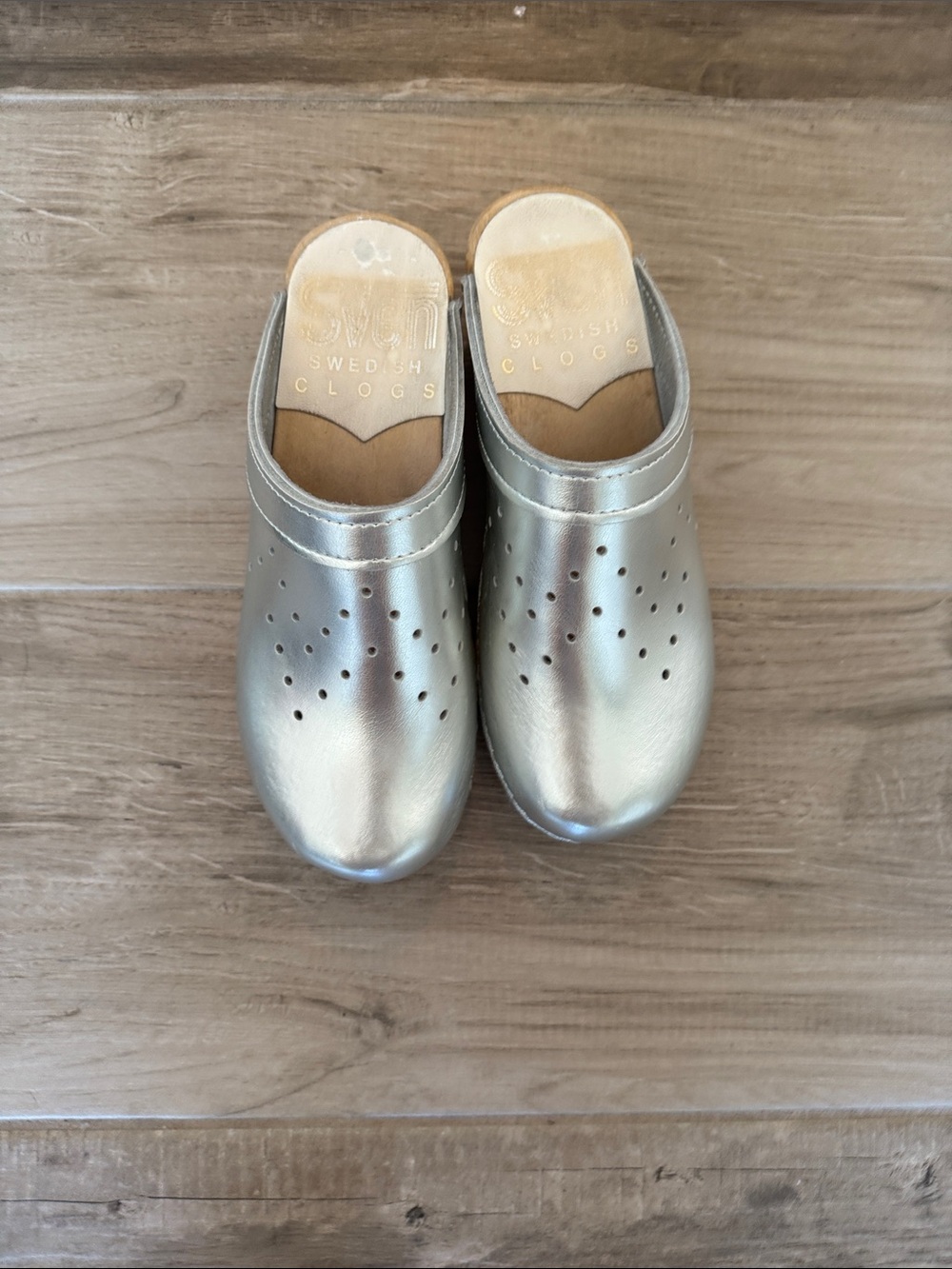 Sven Swedish 35 (5)  wooden bottom clogs punch holes silver metallic
